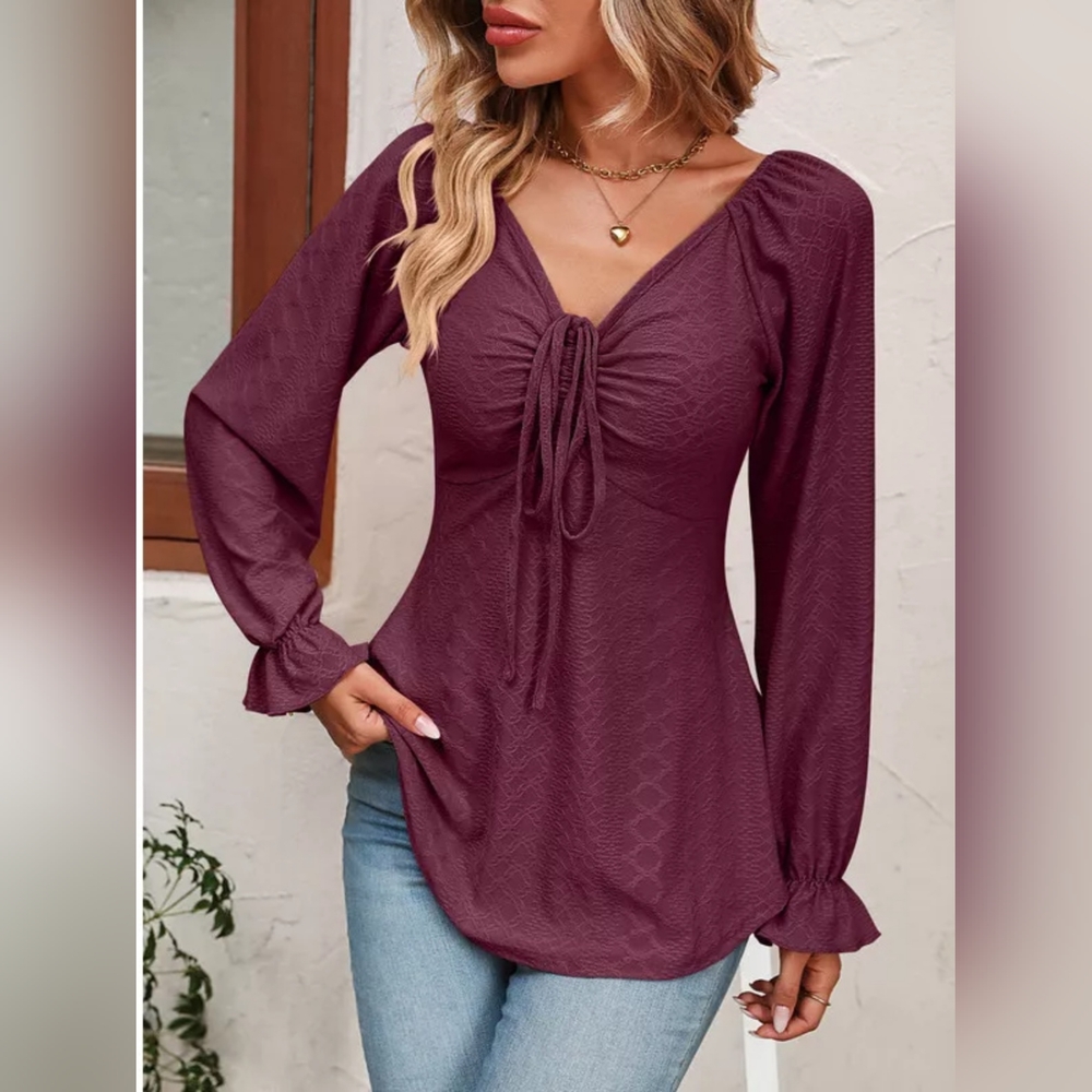 Full Size Drawstring Ruffled V-Neck Long Sleeve Blouse